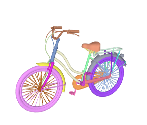 3D bicycle model showing detailed mesh structure with colorful components